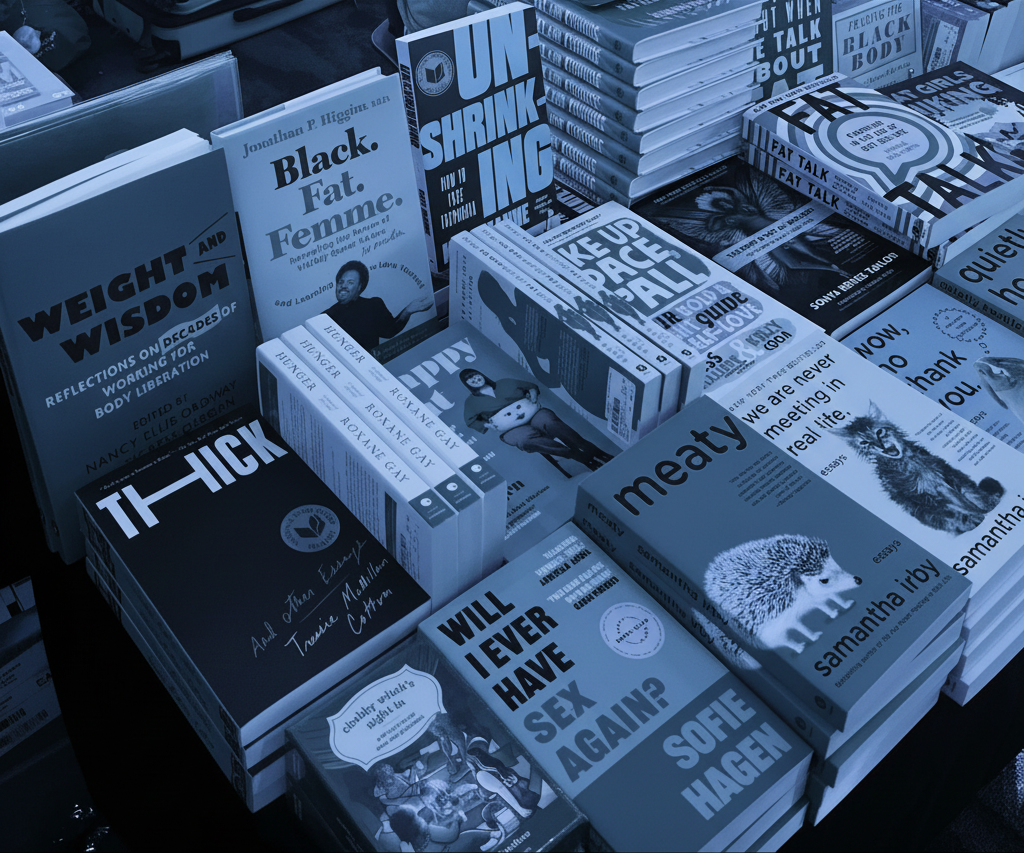 blue hue tone image of stacks of books on a table