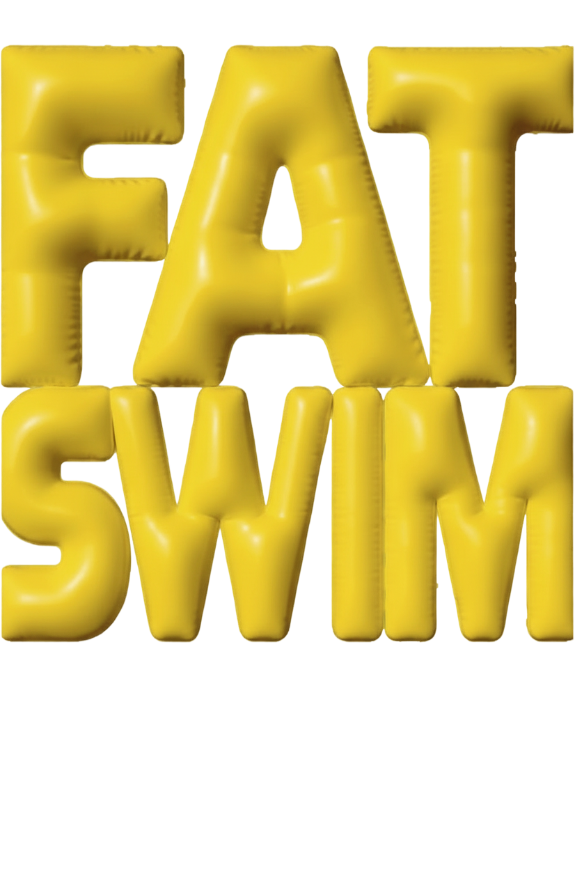 bulbous inflated letters that spell out "swim"